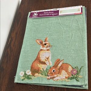 NWT- Green w/ Brown Bunnies - Floral- Spring /Easter Tapestry Table Runner 70x13